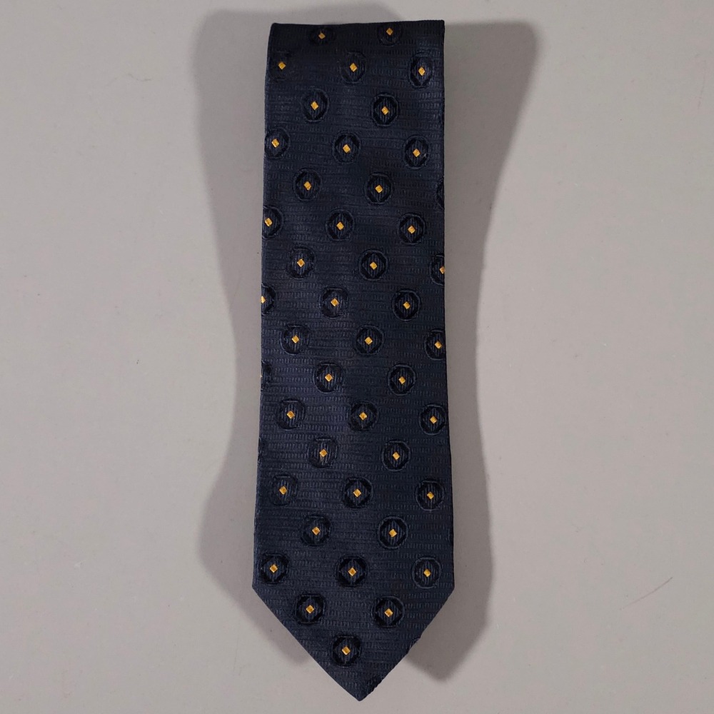 Corneliani Tie Mens OS Navy Blue Gold Silk Geometric Diamond Made in Italy